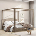 Lit plateforme à baldaquin King Size en pin avec tête de lit en bois, sans sommier nécessaire