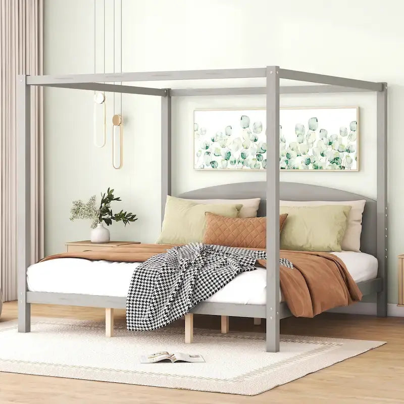 Letto a baldacchino King Size in pino con testiera in legno, senza necessità di rete a doghe
