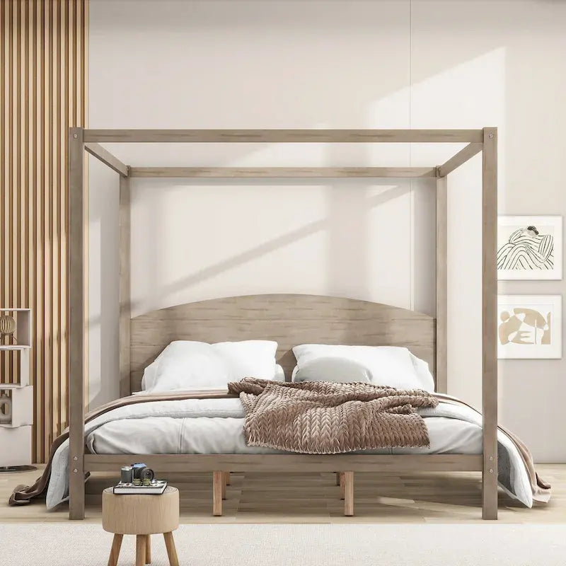 Letto a baldacchino King Size in pino con testiera in legno, senza necessità di rete a doghe