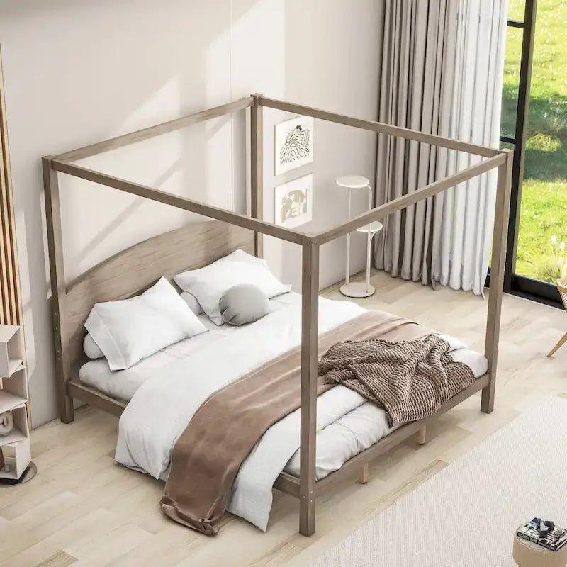 Lit plateforme à baldaquin King Size en pin avec tête de lit en bois, sans sommier nécessaire