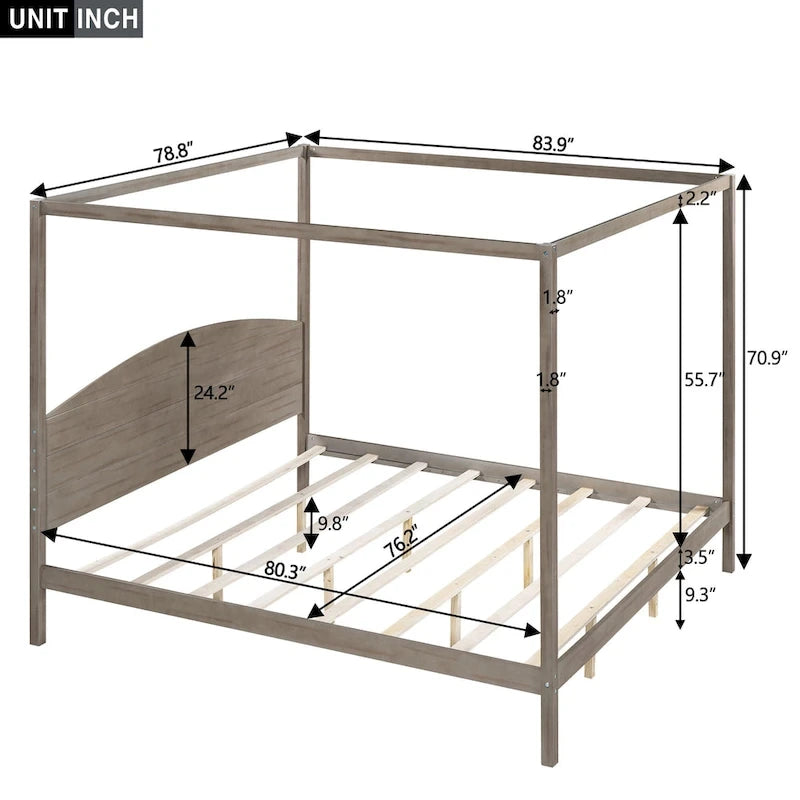 Letto a baldacchino King Size in pino con testiera in legno, senza necessità di rete a doghe