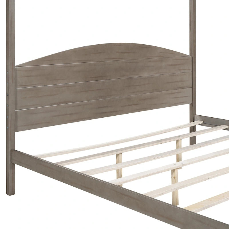 Letto a baldacchino King Size in pino con testiera in legno, senza necessità di rete a doghe