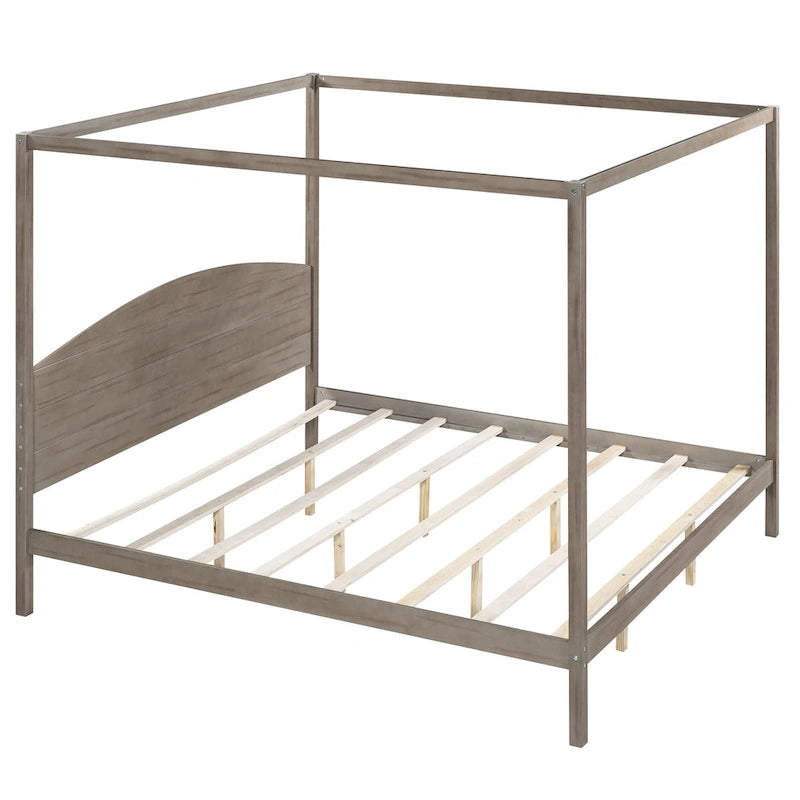 Lit plateforme à baldaquin King Size en pin avec tête de lit en bois, sans sommier nécessaire