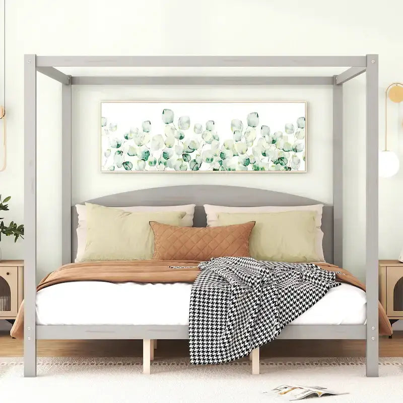 Lit plateforme à baldaquin King Size en pin avec tête de lit en bois, sans sommier nécessaire