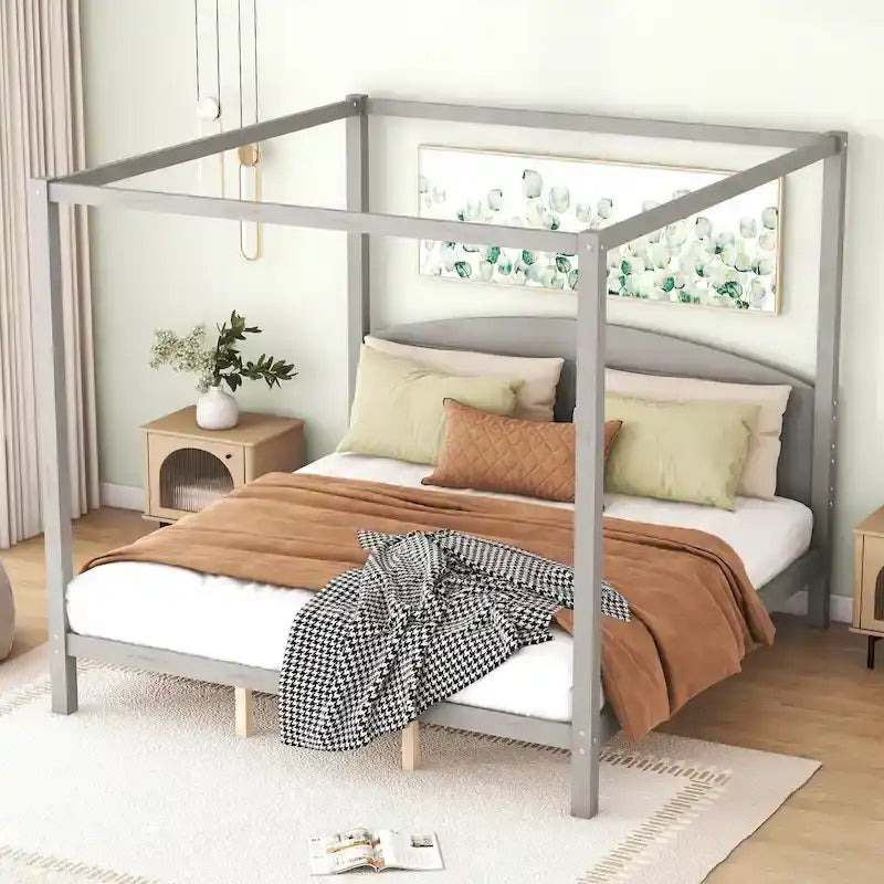 Lit plateforme à baldaquin King Size en pin avec tête de lit en bois, sans sommier nécessaire