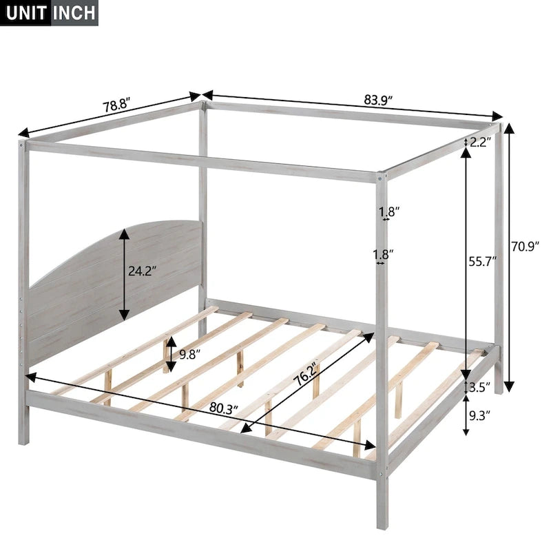 Lit plateforme à baldaquin King Size en pin avec tête de lit en bois, sans sommier nécessaire