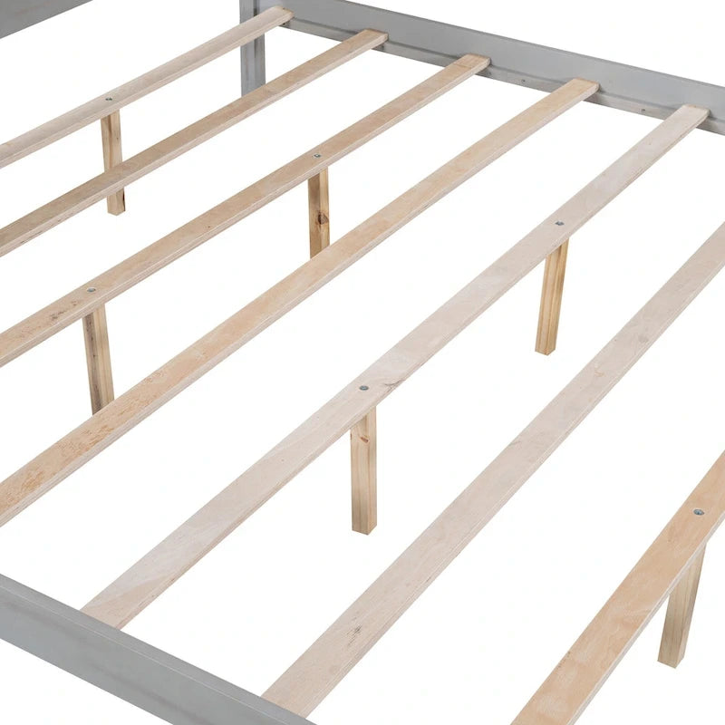 Lit plateforme à baldaquin King Size en pin avec tête de lit en bois, sans sommier nécessaire
