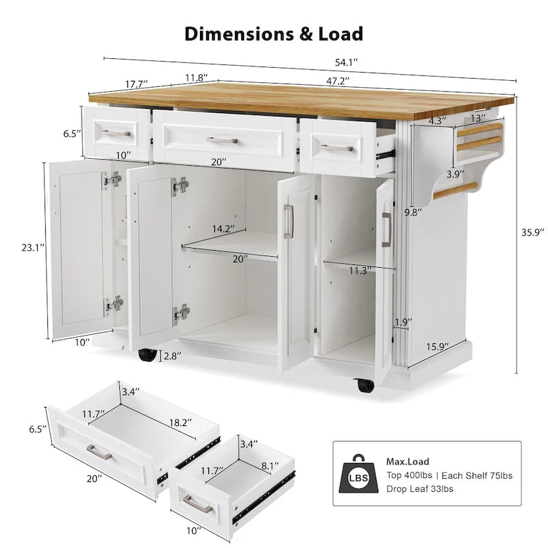 Keukeneiland van 54 inch met neerklapbaar blad van rubberhout, reliëftextuur, verrijdbare keukentrolley op 4 wielen met 4 deuren en 3 laden