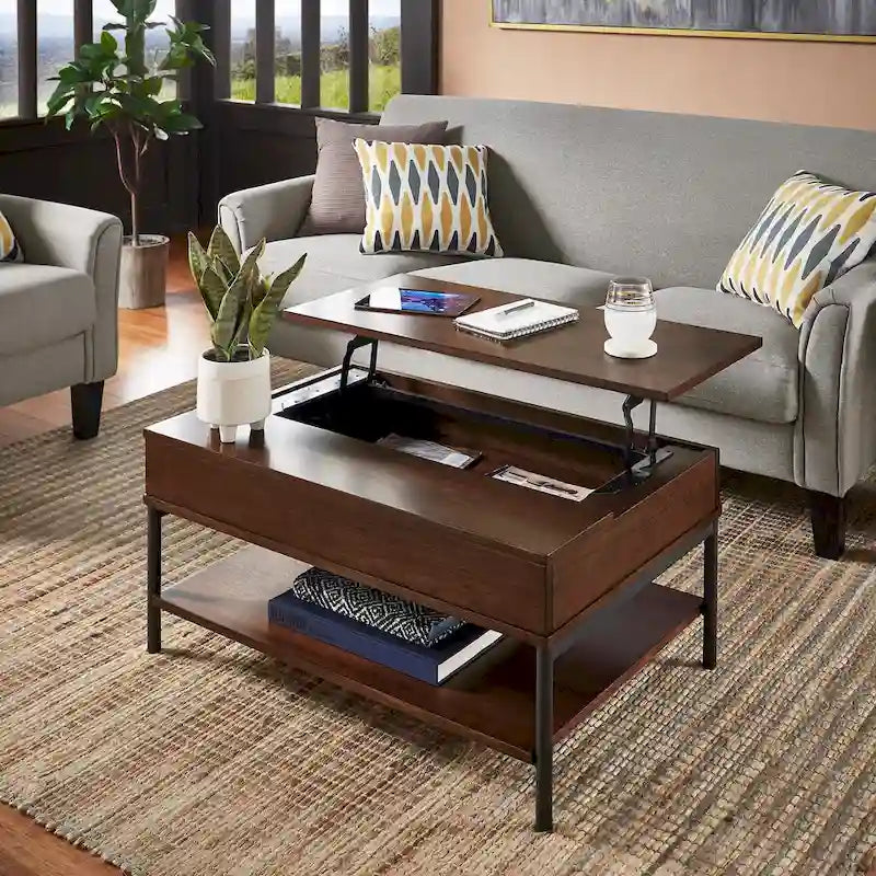 Mesa de centro bicolor elevatória com prateleira aberta
