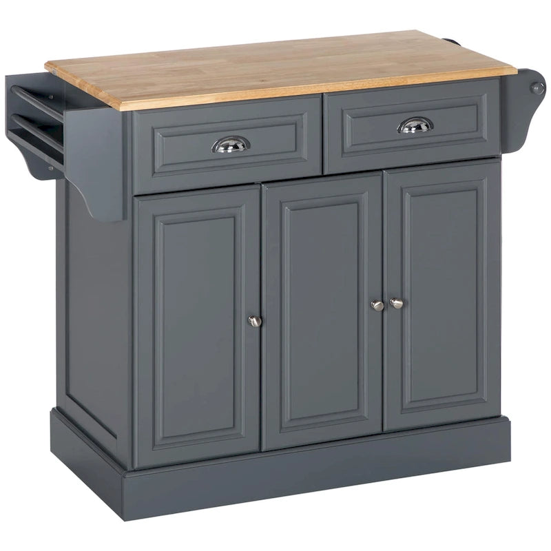 Rolling Kitchen Island Cart with Rubberwood Top, Drawers and Cabinets
