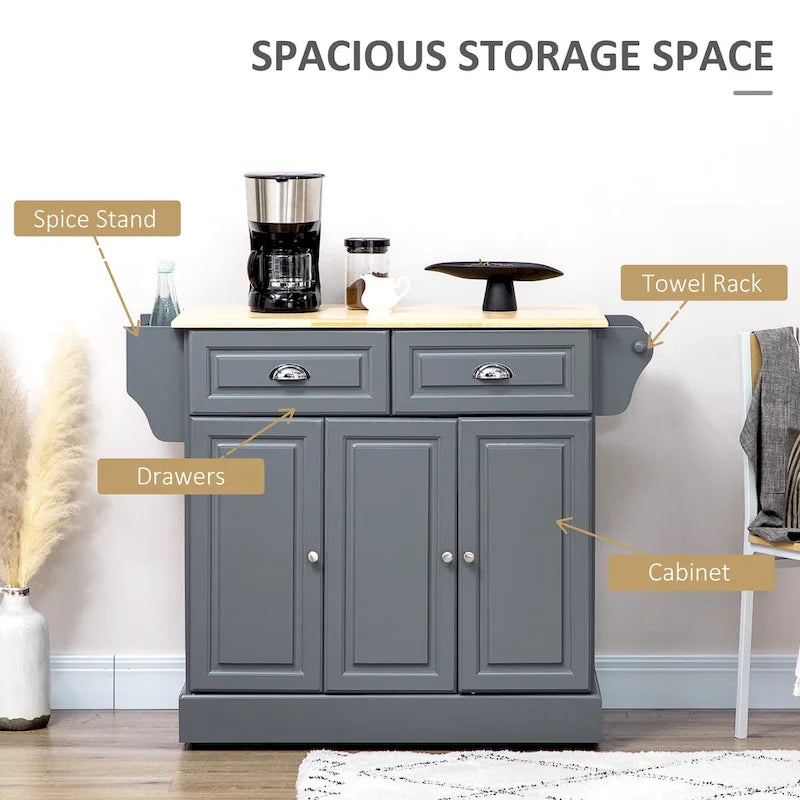 Rolling Kitchen Island Cart with Rubberwood Top, Drawers and Cabinets