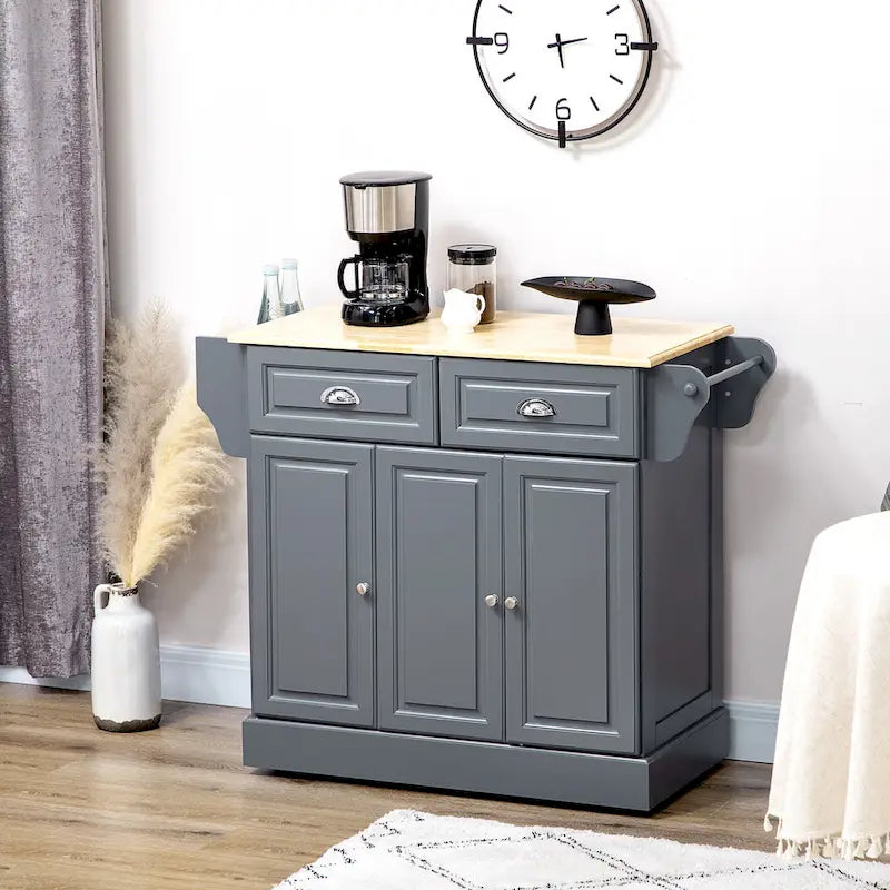 Rolling Kitchen Island Cart with Rubberwood Top, Drawers and Cabinets