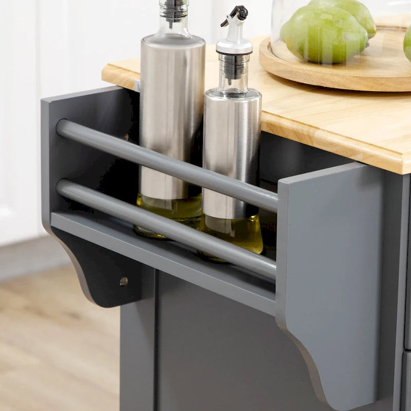 Rolling Kitchen Island Cart with Rubberwood Top, Drawers and Cabinets