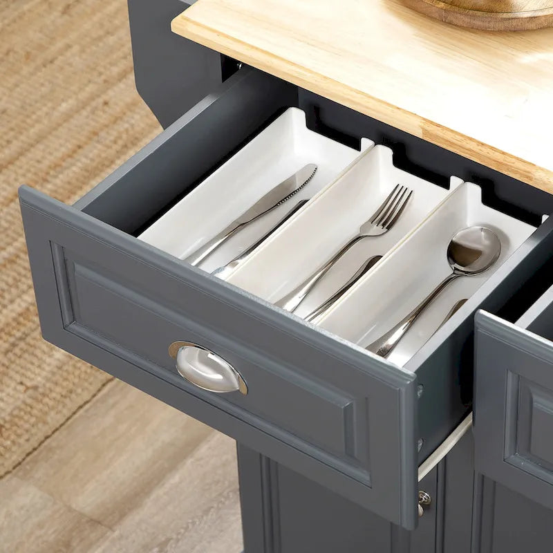 Rolling Kitchen Island Cart with Rubberwood Top, Drawers and Cabinets