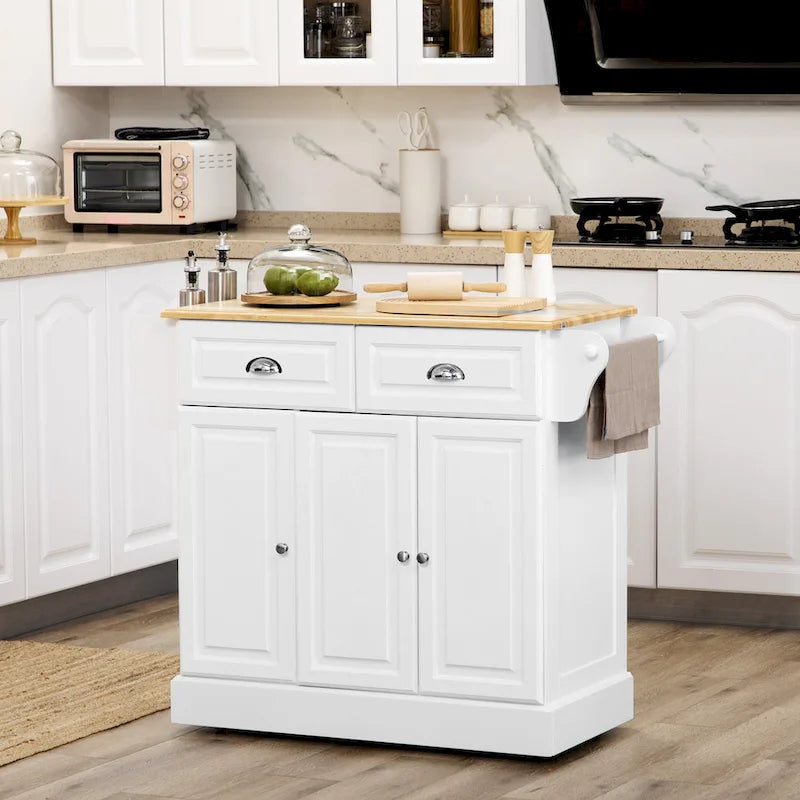 Rolling Kitchen Island Cart with Rubberwood Top, Drawers and Cabinets
