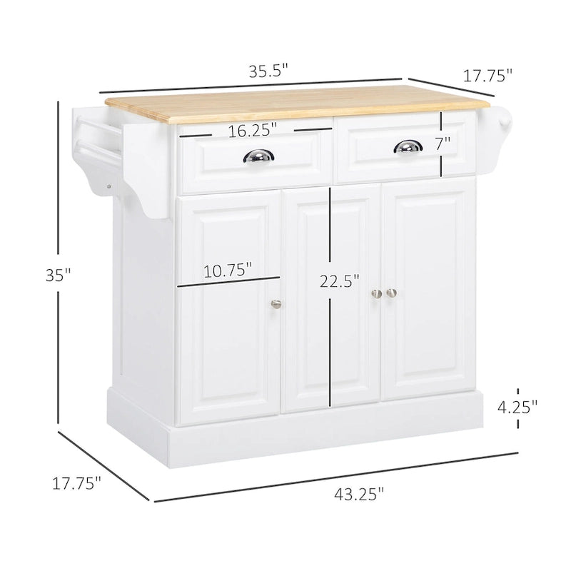 Rolling Kitchen Island Cart with Rubberwood Top, Drawers and Cabinets