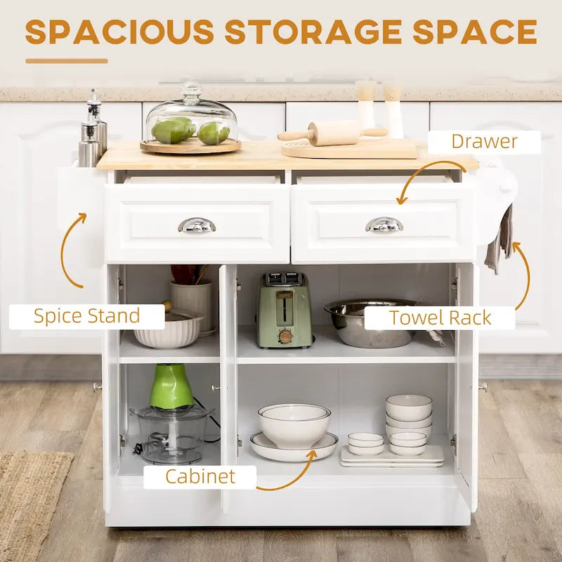 Rolling Kitchen Island Cart with Rubberwood Top, Drawers and Cabinets