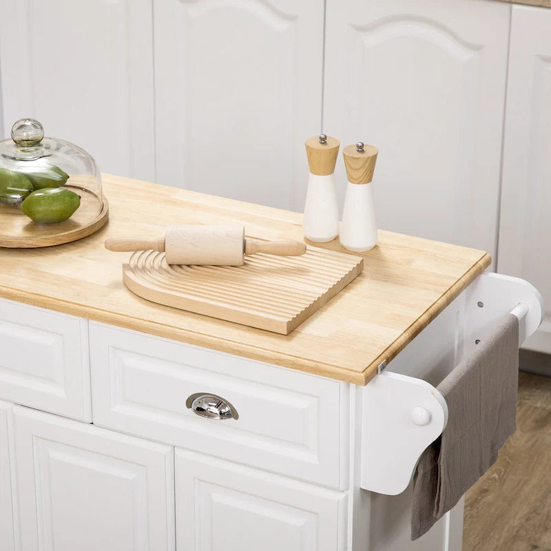 Rolling Kitchen Island Cart with Rubberwood Top, Drawers and Cabinets