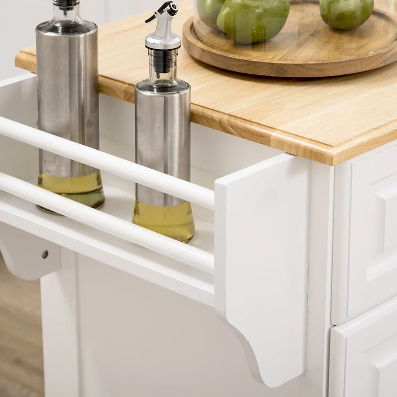 Rolling Kitchen Island Cart with Rubberwood Top, Drawers and Cabinets
