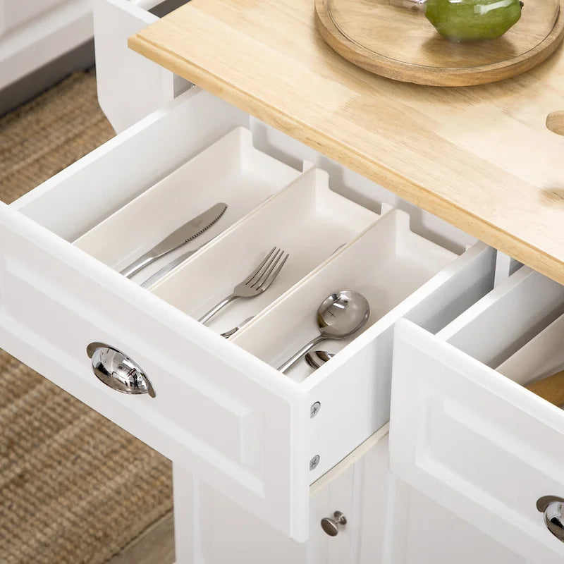 Rolling Kitchen Island Cart with Rubberwood Top, Drawers and Cabinets