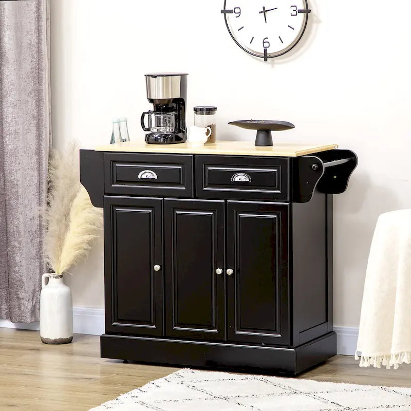 Rolling Kitchen Island Cart with Rubberwood Top, Drawers and Cabinets