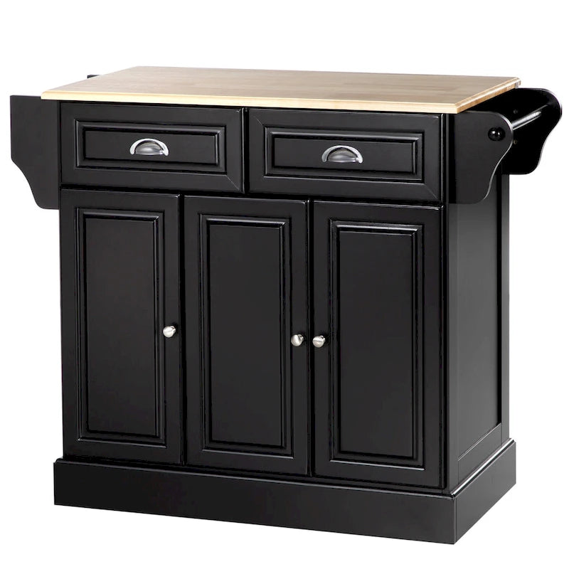 Rolling Kitchen Island Cart with Rubberwood Top, Drawers and Cabinets