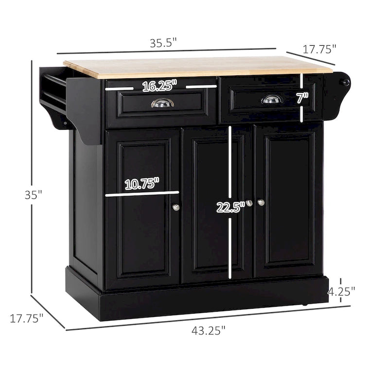 Rolling Kitchen Island Cart with Rubberwood Top, Drawers and Cabinets
