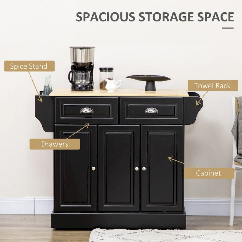 Rolling Kitchen Island Cart with Rubberwood Top, Drawers and Cabinets