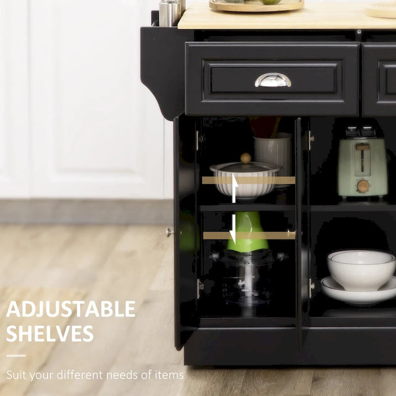 Rolling Kitchen Island Cart with Rubberwood Top, Drawers and Cabinets