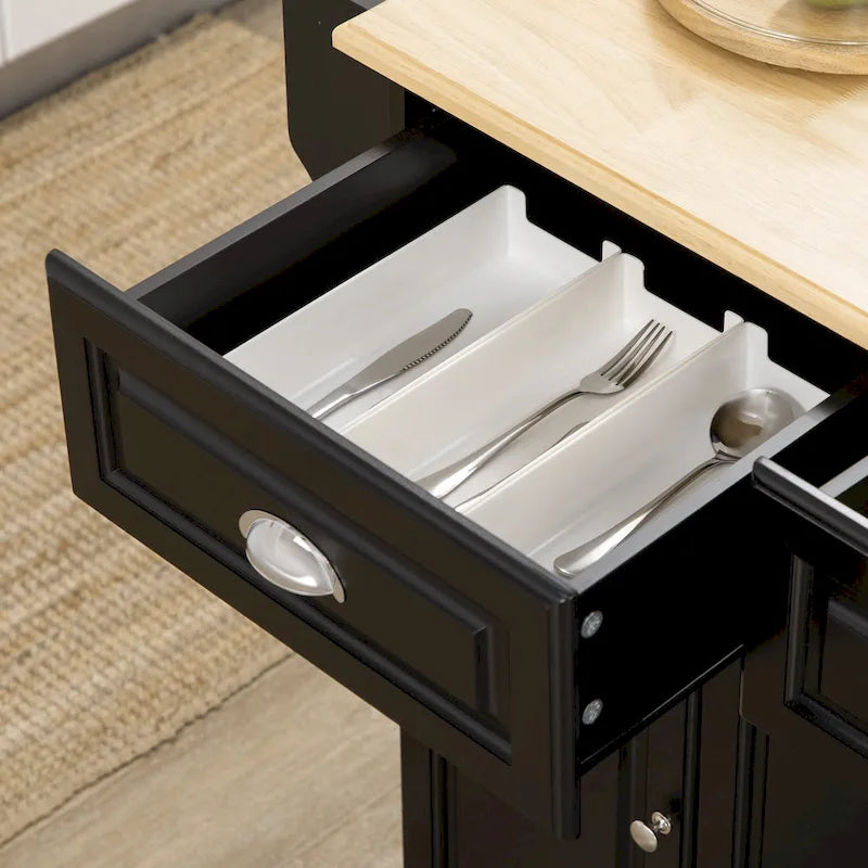 Rolling Kitchen Island Cart with Rubberwood Top, Drawers and Cabinets