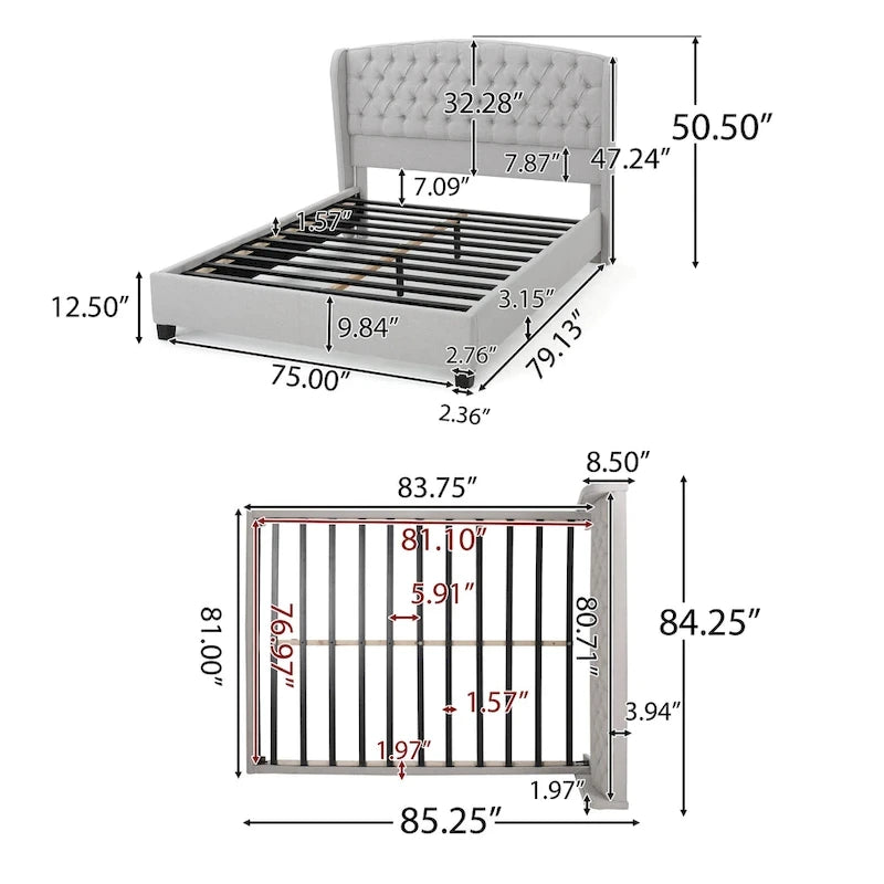 Gepolstertes King-Size-Plattformbett mit niedriger Silhouette