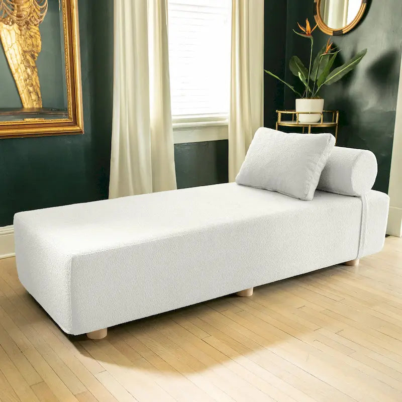 Bouclé-Chaiselongue mit Füßen aus Ahornholz