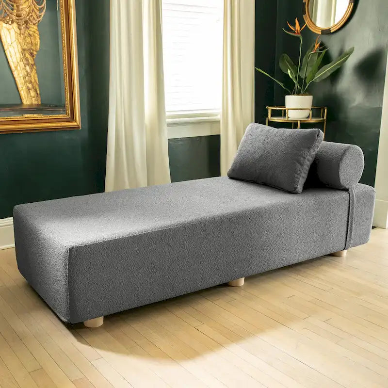 Bouclé-Chaiselongue mit Füßen aus Ahornholz