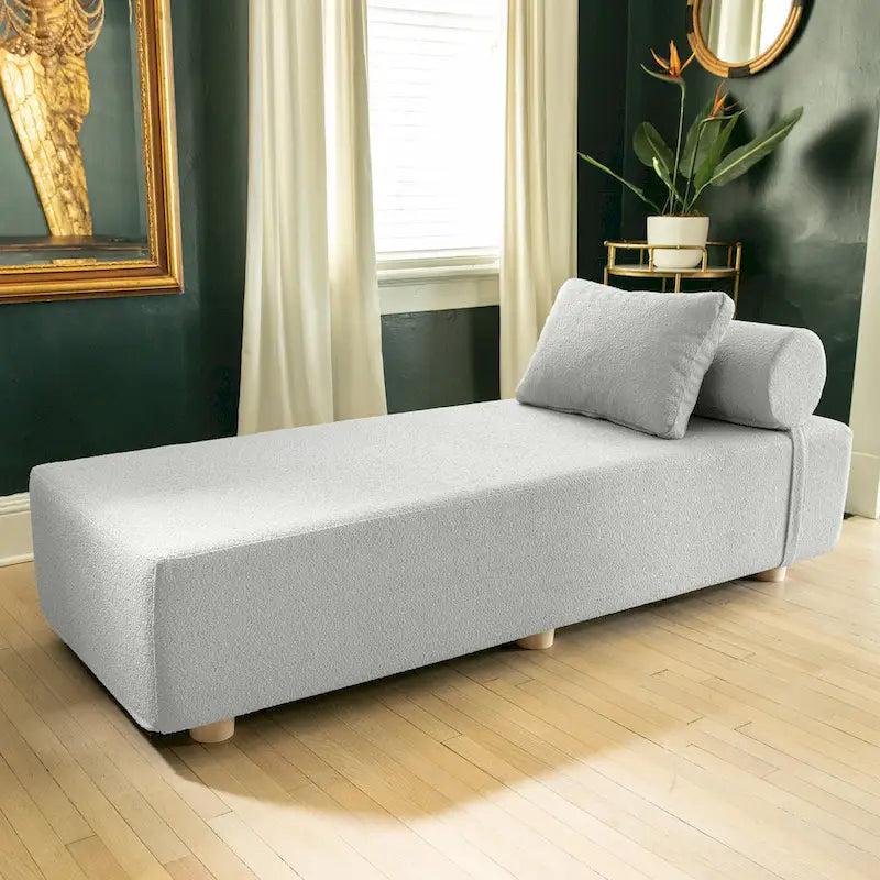 Bouclé-Chaiselongue mit Füßen aus Ahornholz