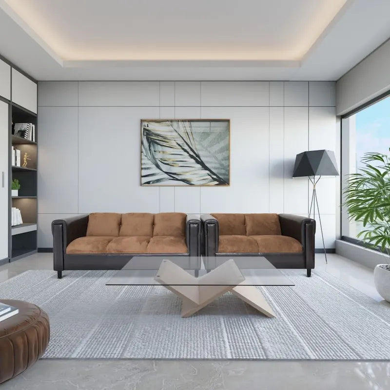 Moderne bank in mid-century-stijl, kunstleer, massief houten frame, gestoffeerd