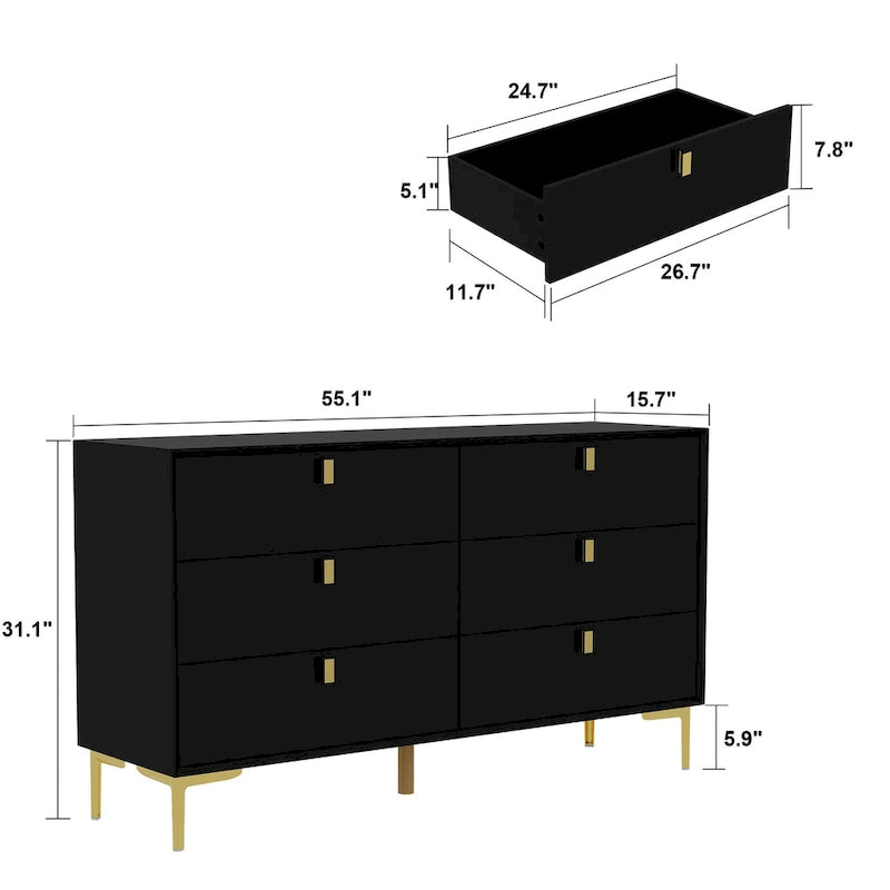 Commode en bois à 6 tiroirs avec rangement pour chambre