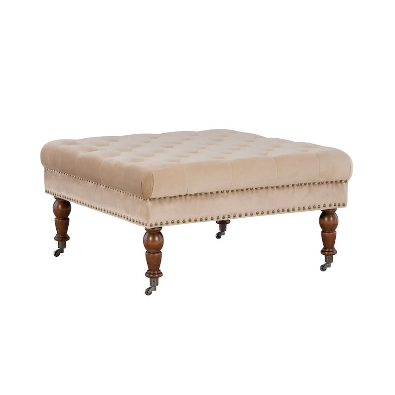 Vierkante poef van taupe fluweel met knopen