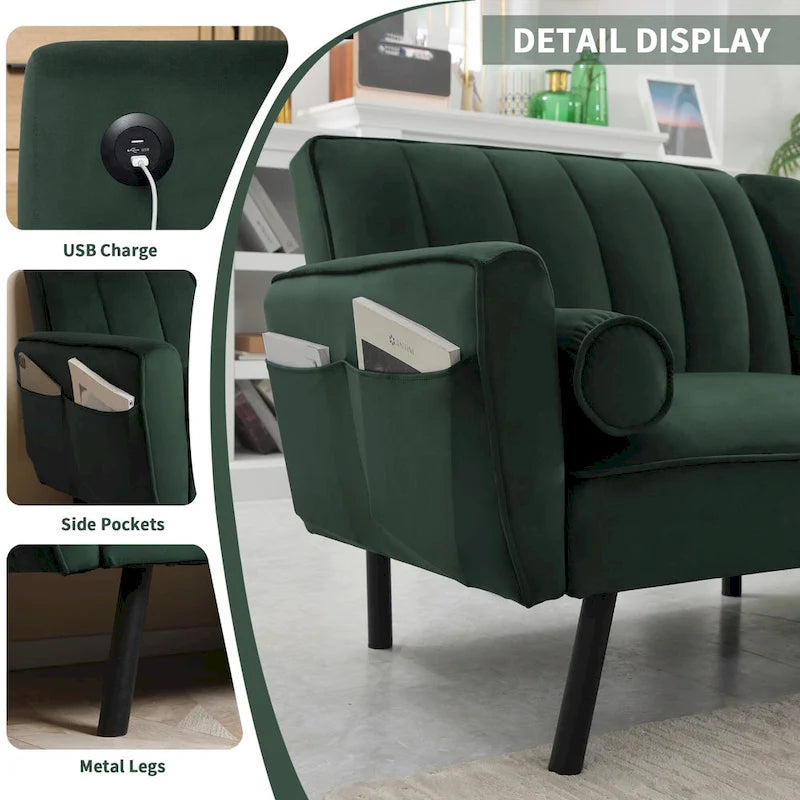 Samt-Loveseat-Schlafsofa, umbaubares Futonsofa mit USB-Anschlüssen für Wohnzimmer, Wohnheim und Apartment, 2-Sitzer
