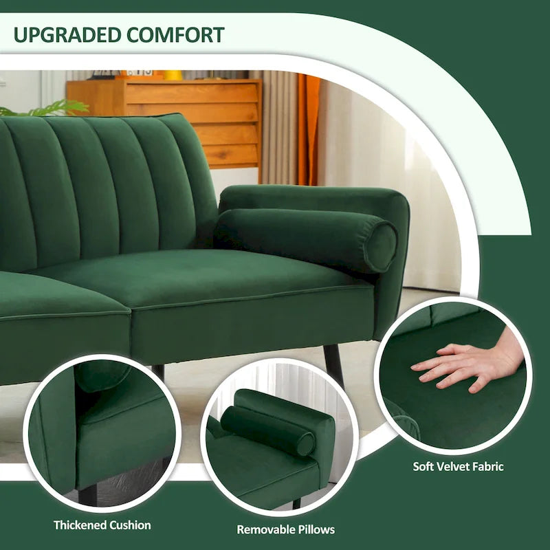 Samt-Loveseat-Schlafsofa, umbaubares Futonsofa mit USB-Anschlüssen für Wohnzimmer, Wohnheim und Apartment, 2-Sitzer