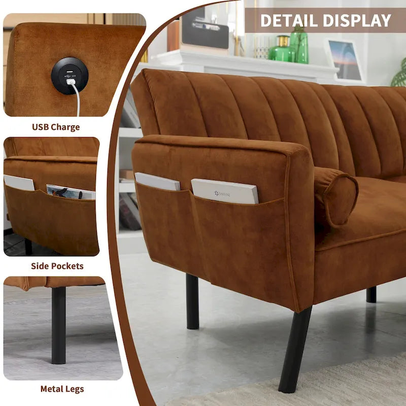 Samt-Loveseat-Schlafsofa, umbaubares Futonsofa mit USB-Anschlüssen für Wohnzimmer, Wohnheim und Apartment, 2-Sitzer