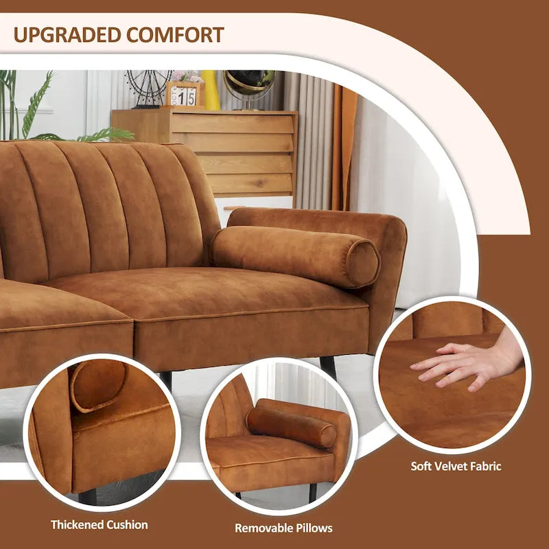 Samt-Loveseat-Schlafsofa, umbaubares Futonsofa mit USB-Anschlüssen für Wohnzimmer, Wohnheim und Apartment, 2-Sitzer