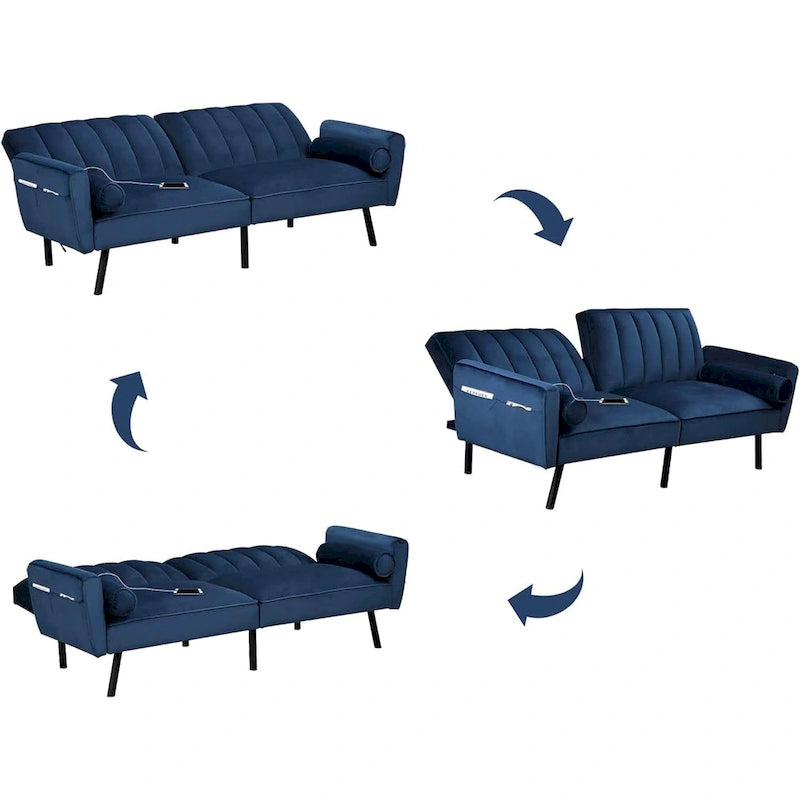 Samt-Loveseat-Schlafsofa, umbaubares Futonsofa mit USB-Anschlüssen für Wohnzimmer, Wohnheim und Apartment, 2-Sitzer
