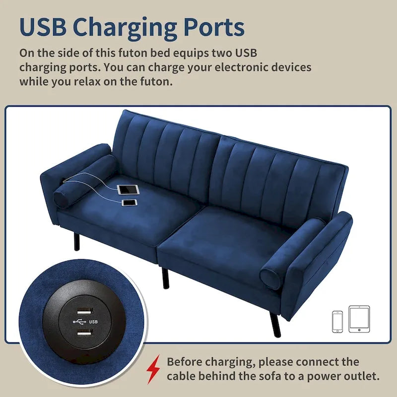 Samt-Loveseat-Schlafsofa, umbaubares Futonsofa mit USB-Anschlüssen für Wohnzimmer, Wohnheim und Apartment, 2-Sitzer