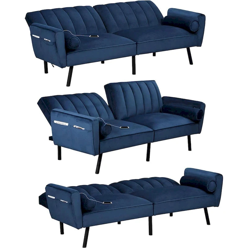 Samt-Loveseat-Schlafsofa, umbaubares Futonsofa mit USB-Anschlüssen für Wohnzimmer, Wohnheim und Apartment, 2-Sitzer