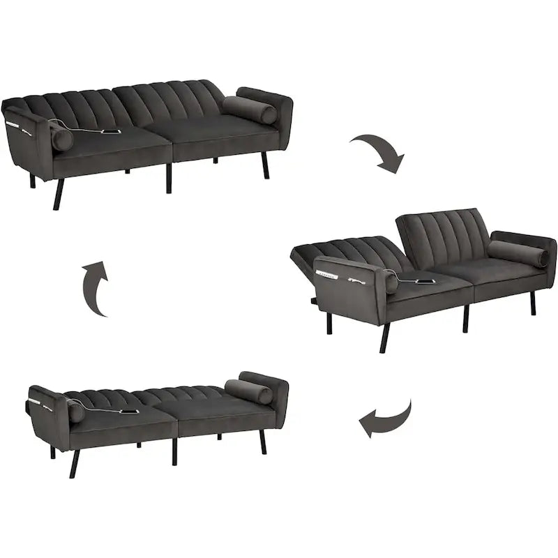 Samt-Loveseat-Schlafsofa, umbaubares Futonsofa mit USB-Anschlüssen für Wohnzimmer, Wohnheim und Apartment, 2-Sitzer