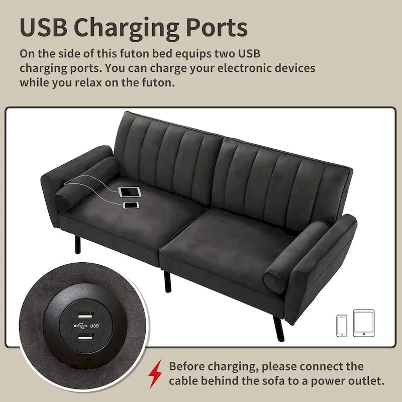 Samt-Loveseat-Schlafsofa, umbaubares Futonsofa mit USB-Anschlüssen für Wohnzimmer, Wohnheim und Apartment, 2-Sitzer