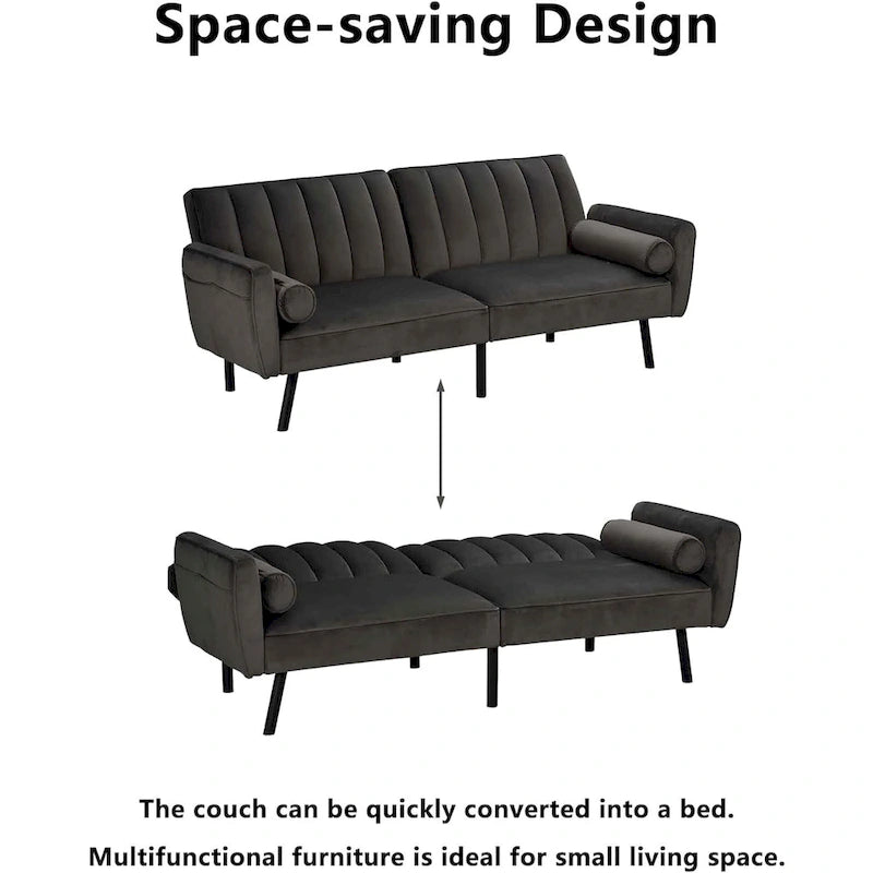 Samt-Loveseat-Schlafsofa, umbaubares Futonsofa mit USB-Anschlüssen für Wohnzimmer, Wohnheim und Apartment, 2-Sitzer