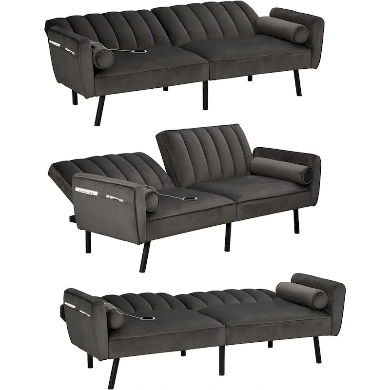 Samt-Loveseat-Schlafsofa, umbaubares Futonsofa mit USB-Anschlüssen für Wohnzimmer, Wohnheim und Apartment, 2-Sitzer
