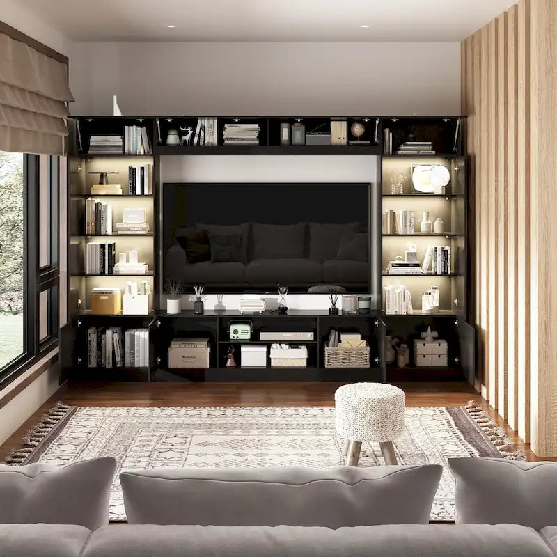 TV-meubel voor aan de muur met boekenkasten en ledverlichting, wit of zwart