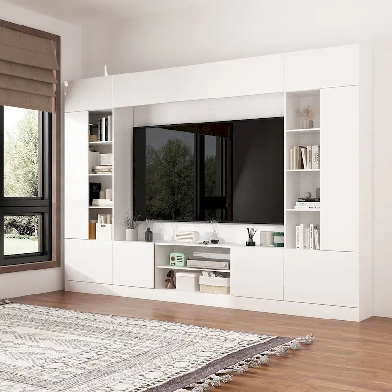 Wohnwand-TV-Ständer mit Bücherregalen und LED-Beleuchtung, Weiß oder Schwarz